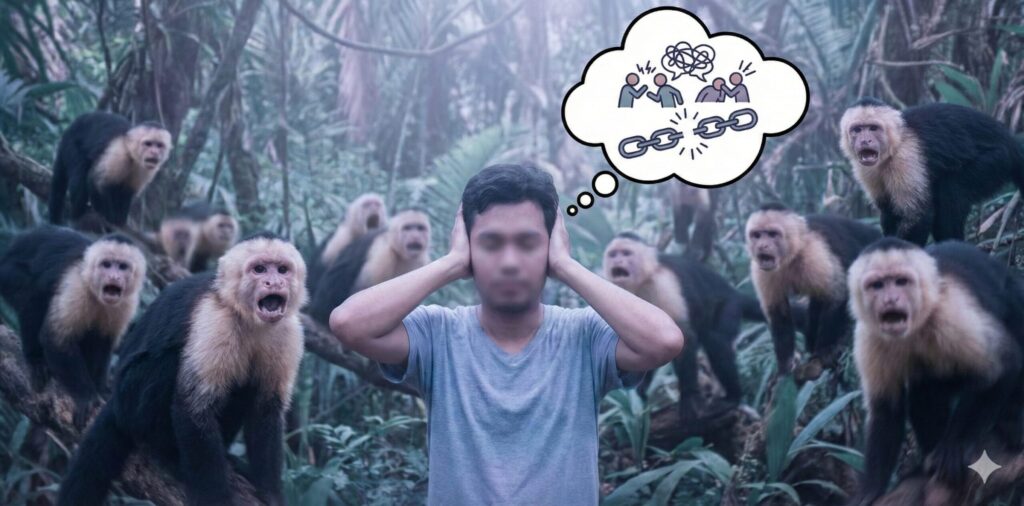 夢占いのイメージ：騒がしい猿の群れに囲まれ、耳を塞いで苦悩する人。頭上の吹き出しには人間関係のトラブルやストレスを示すイラストが描かれている。