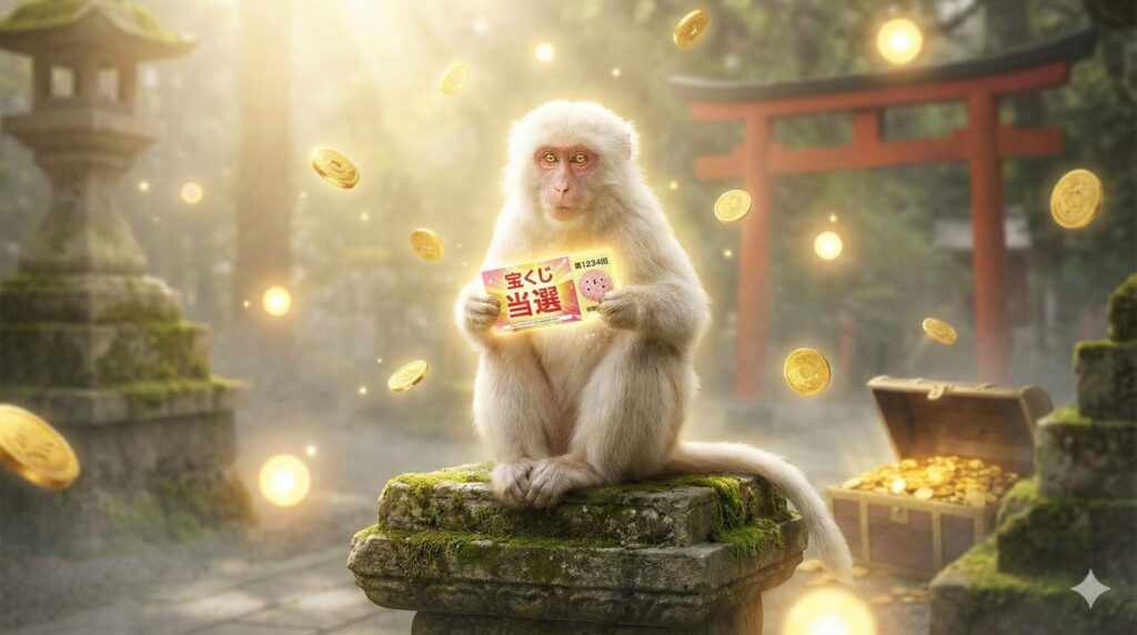 夢占いの大吉夢：神々しい光の中、神社の境内で宝くじの当選券を手にした白い猿。周囲には金貨が舞い、宝箱が置かれている。